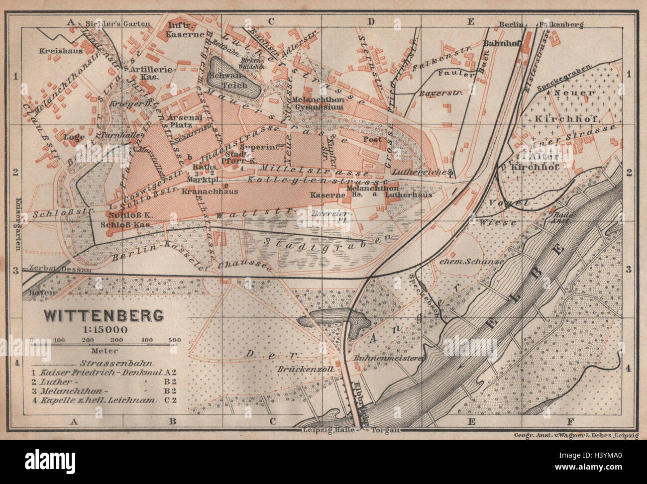 WITTENBERG antique town city stadtplan. SaxonyAnhalt karte. BAEDEKER