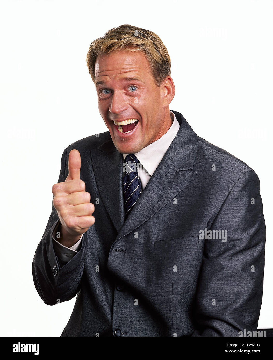 Man, suit, tie, gesture, pollex, high, o.k., laugh, portrait, Men, joy, laugh, happy, joy, success, profit, okay, in order, well, positively, body language, studio, cut out, near, Stock Photo