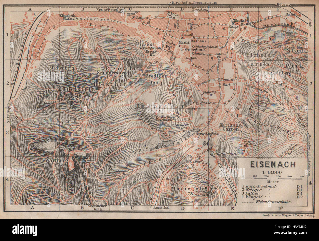 EISENACH antique town city stadtplan. Thuringia. Wartburg karte 1904