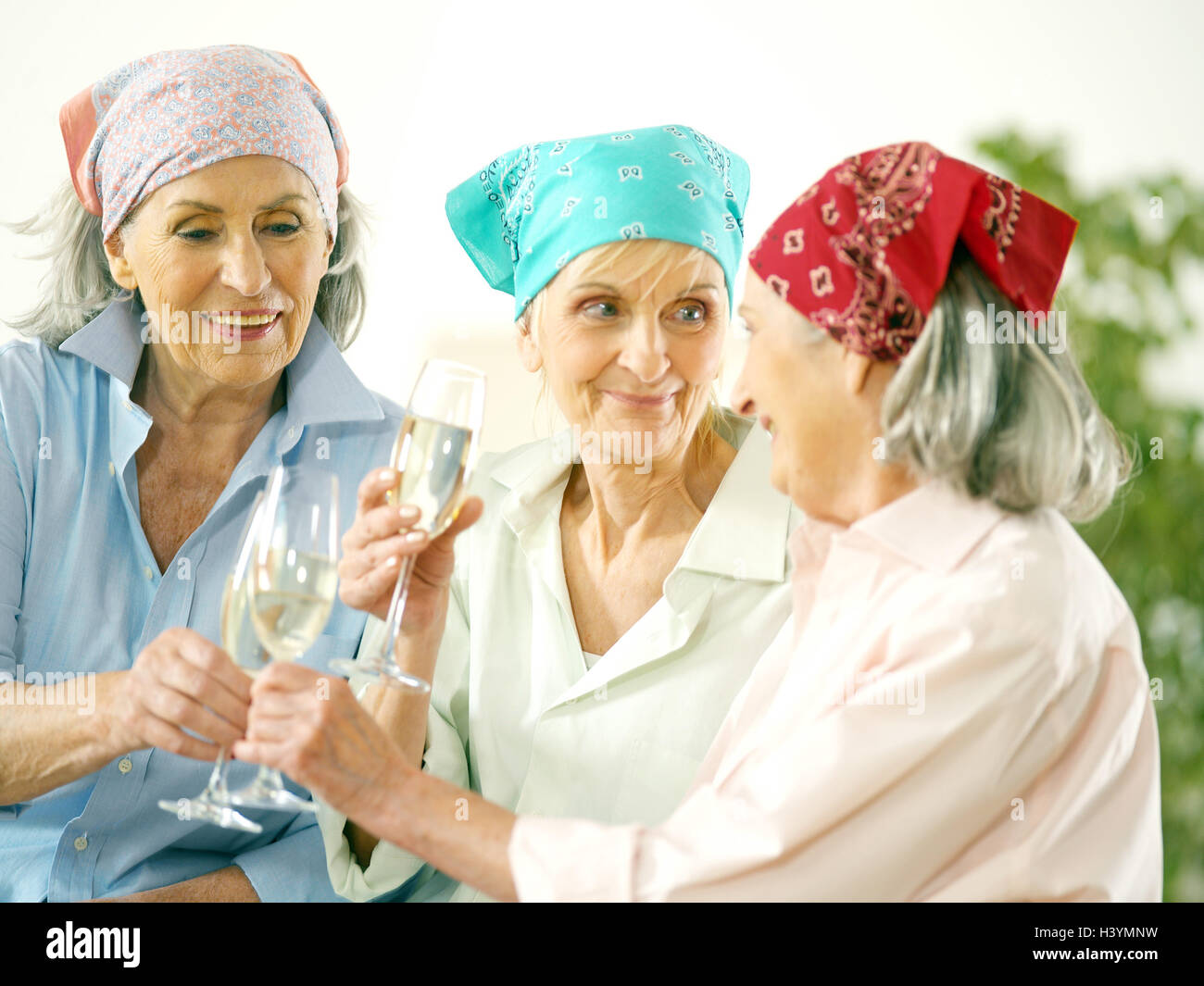 Seniors, headscarfs, champagne glasses, kick off, happily, portrait, women, three, Best of all Age, grey-haired, headscarf, friendship, friends, team, together, zusammenhelfen, comradeship, celebrate, Sparkling Wine, drink, enter happily, satisfaction, ha Stock Photo