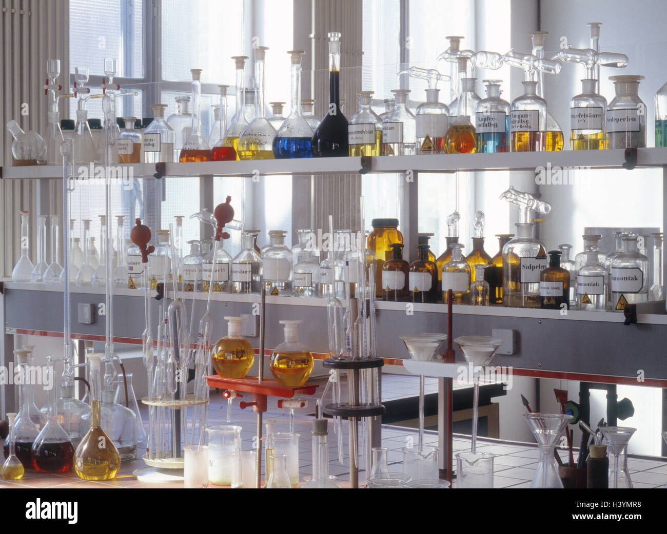 Laboratory, shelf, glass vessels, chemical laboratory, research