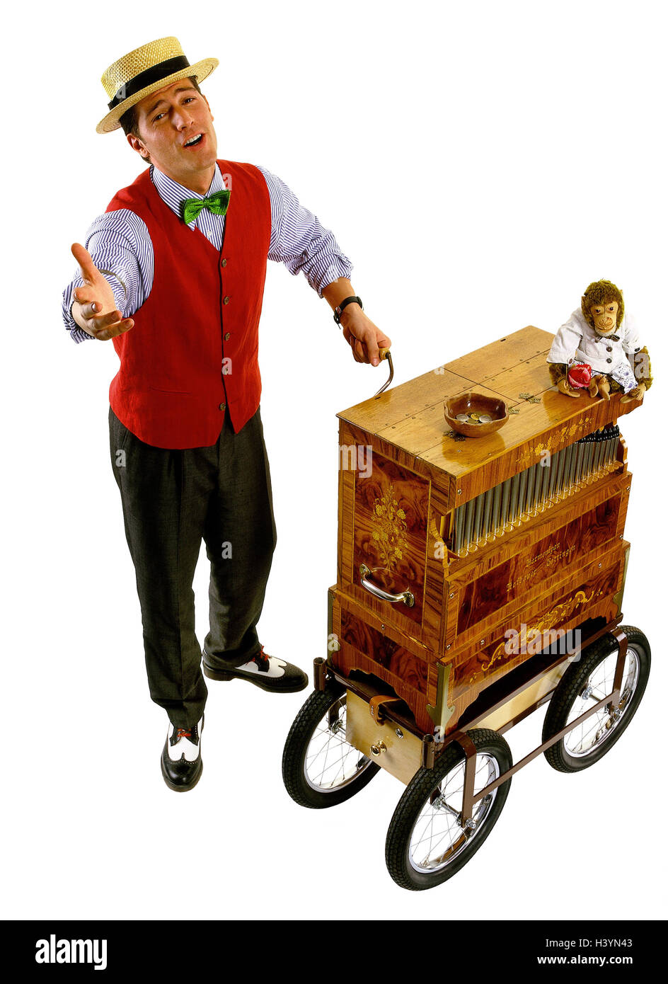 Nostalgia, organ grinder, sing, gesture, Men, studio, copy space