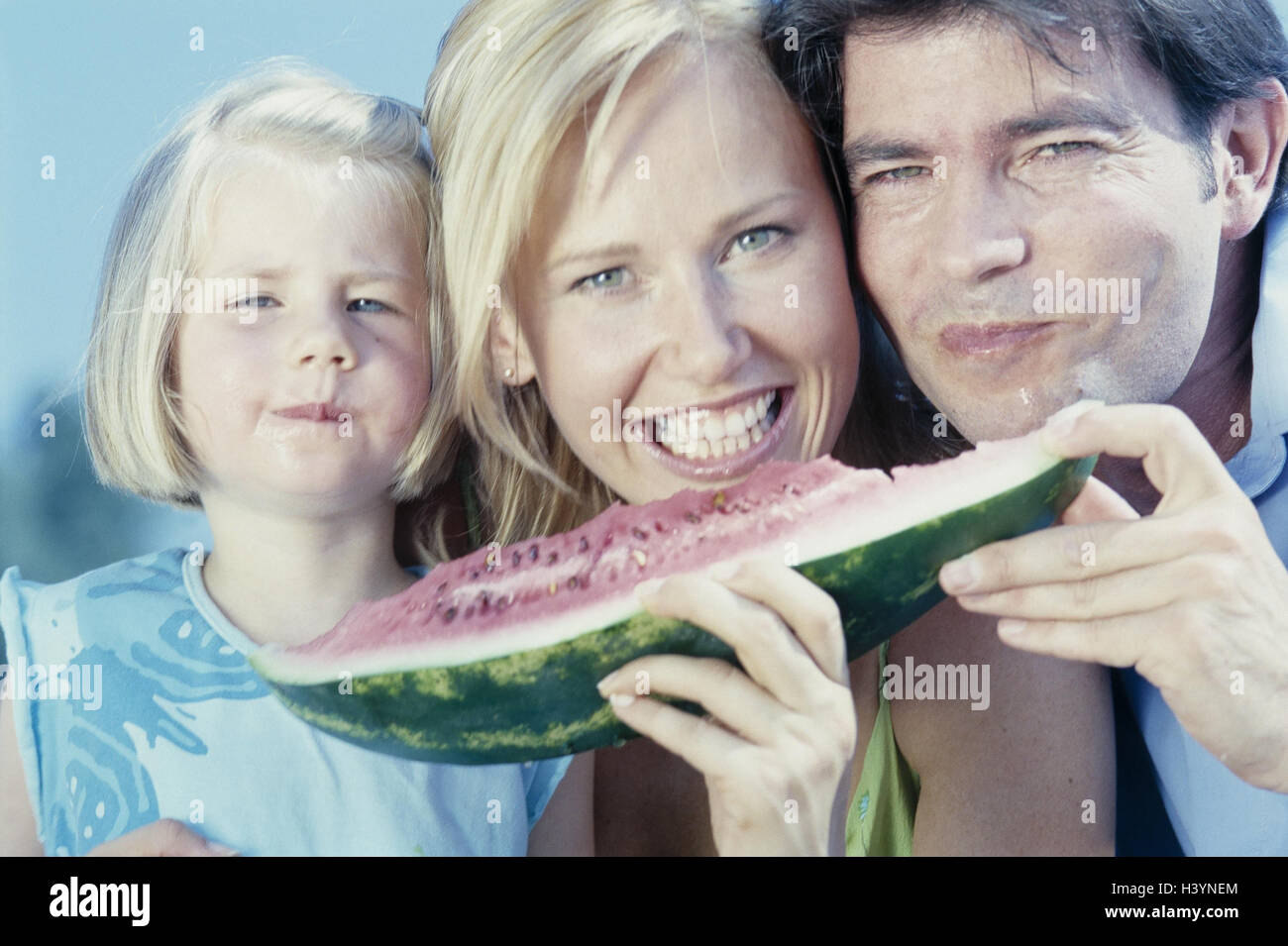 Family, watermelon, eat, portrait, outside, summer, parents, nut ...