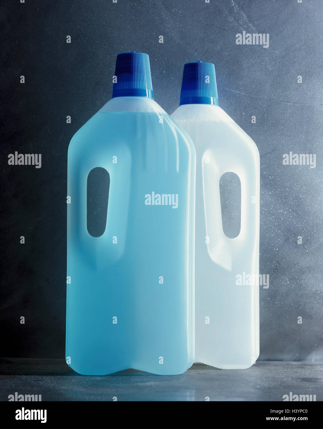 Plastic flasks, cleaning agents, colours, differently, household, cleaning implements, cleaning materials, household, envelope, plastic flasks, plastic flasks, flasks, clean, clean, blue, transparent, cleaning, material recording, Still life Stock Photo