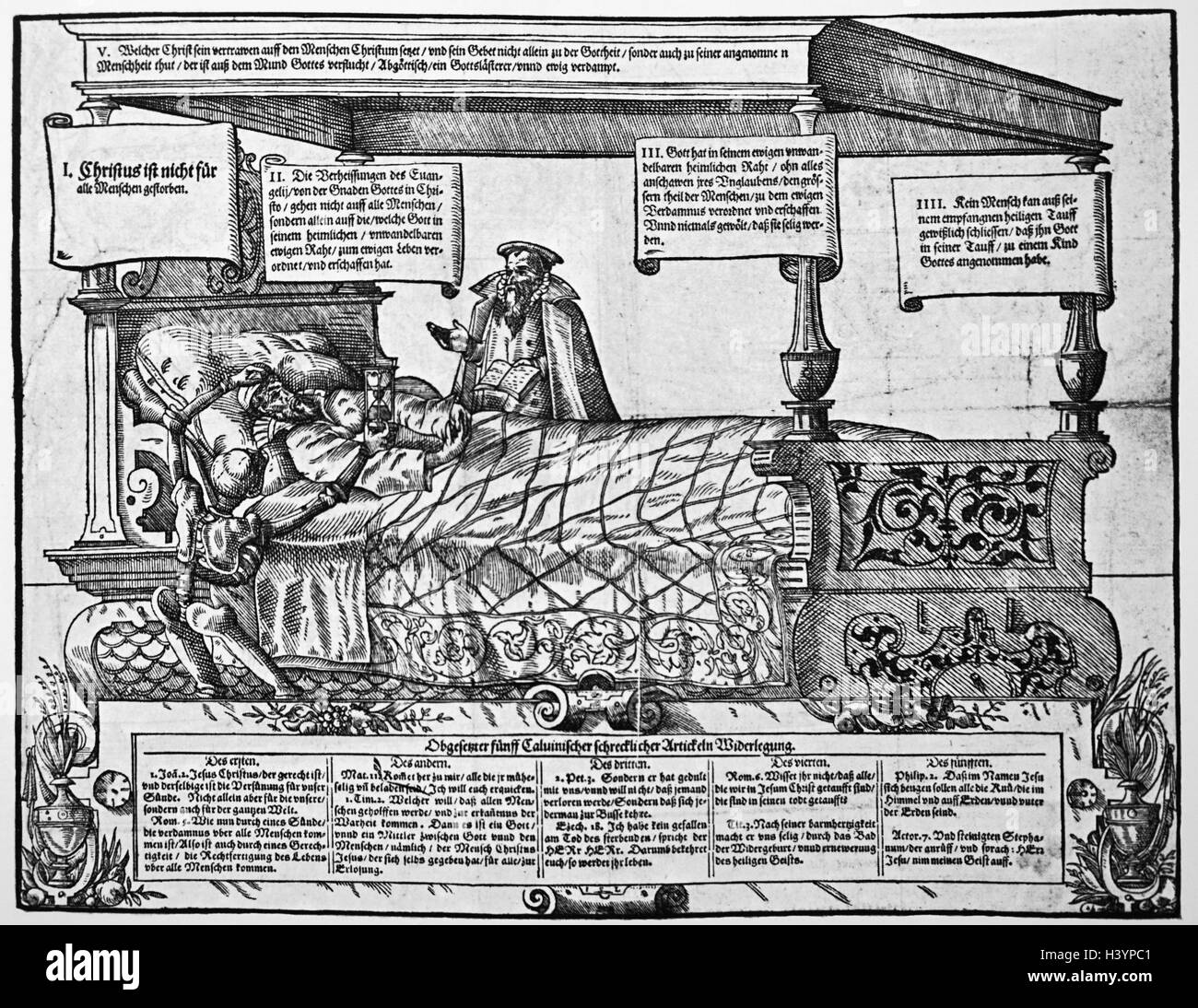 Illustration of John Calvin (1509-1564) an influential French theologian and pastor during the Protestant Reformation. on his deathbed. Dated 16th Century Stock Photo