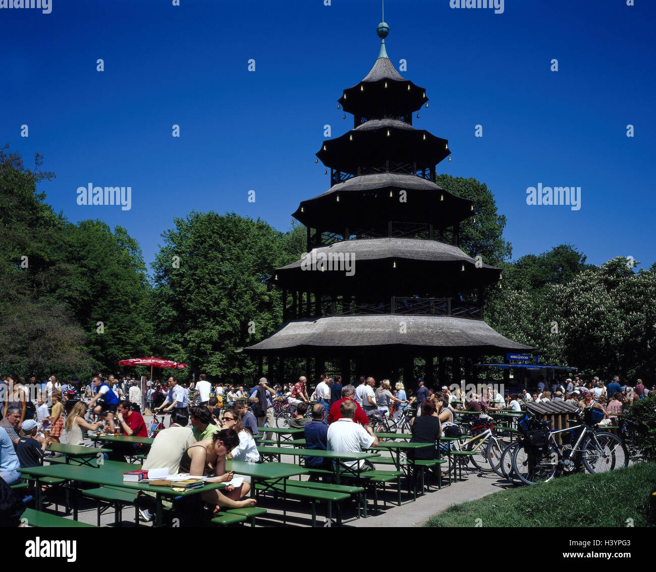 Germany, Upper Bavaria, Munich, English garden, Chinese tower, beer garden, guests, outside, Bavaria, state capital, park, park, in Chinese, structure, building, place of interest, landmark, seat opportunities, restaurant, entertainment, guests Stock Photo