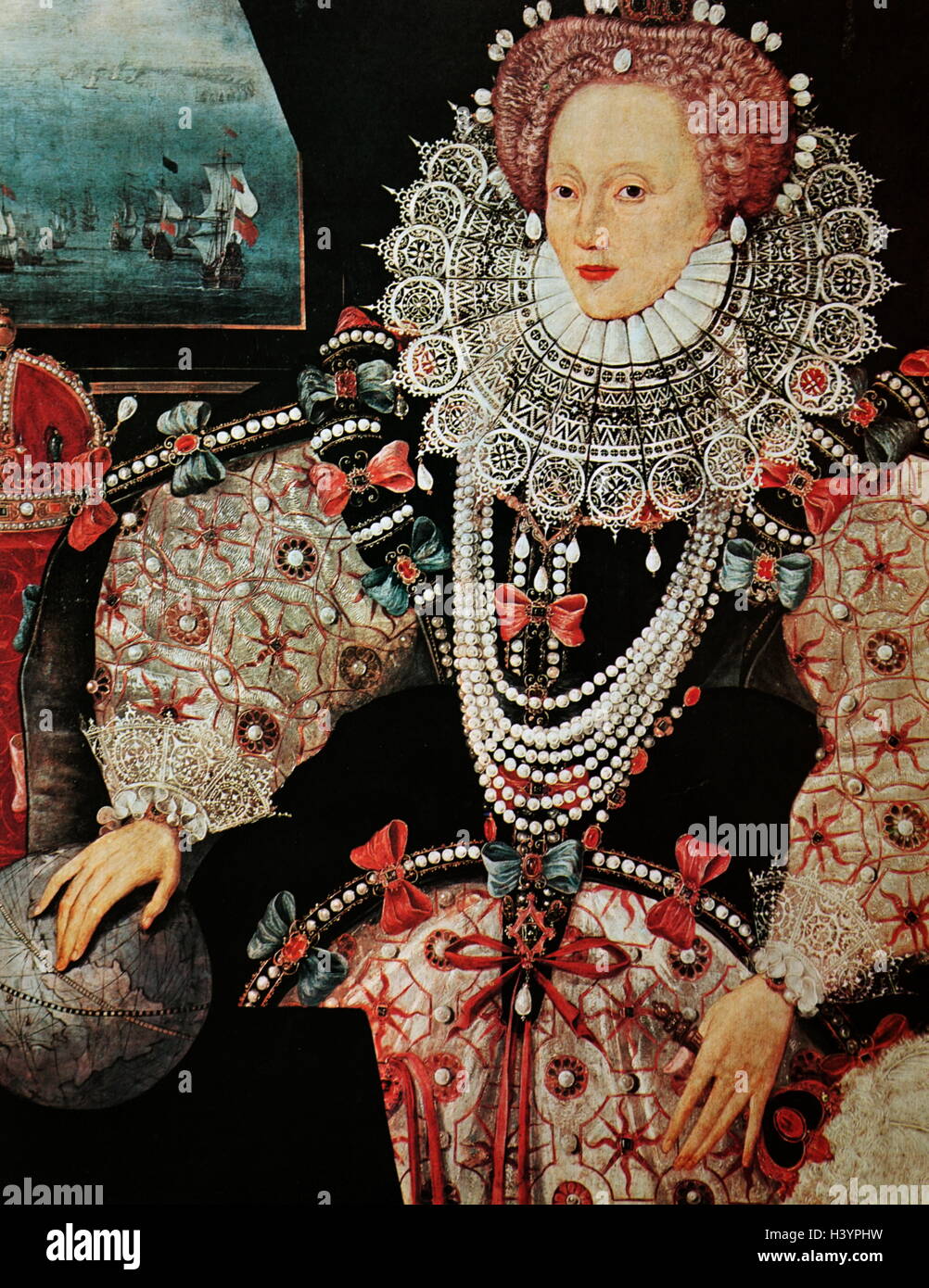 The Armada Portrait of Elizabeth I of England (1533-1603) was Queen of England and Ireland. The Armada Portrait is one of three surviving versions of an allegorical panel painting depicting the Tudor queen surrounded by symbols of imperial majesty against a backdrop representing the defeat of the Spanish Armada. Dated 16th Century Stock Photo