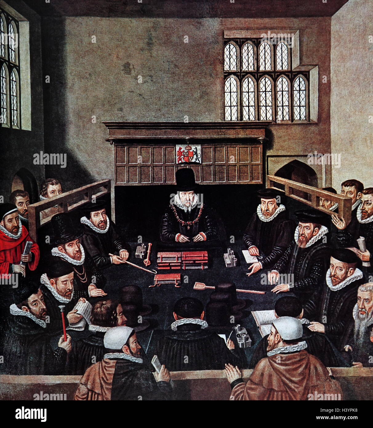 Painting of a scene inside of the Court of Wards during the Elizabethan Era. Dated 16th Century Stock Photo