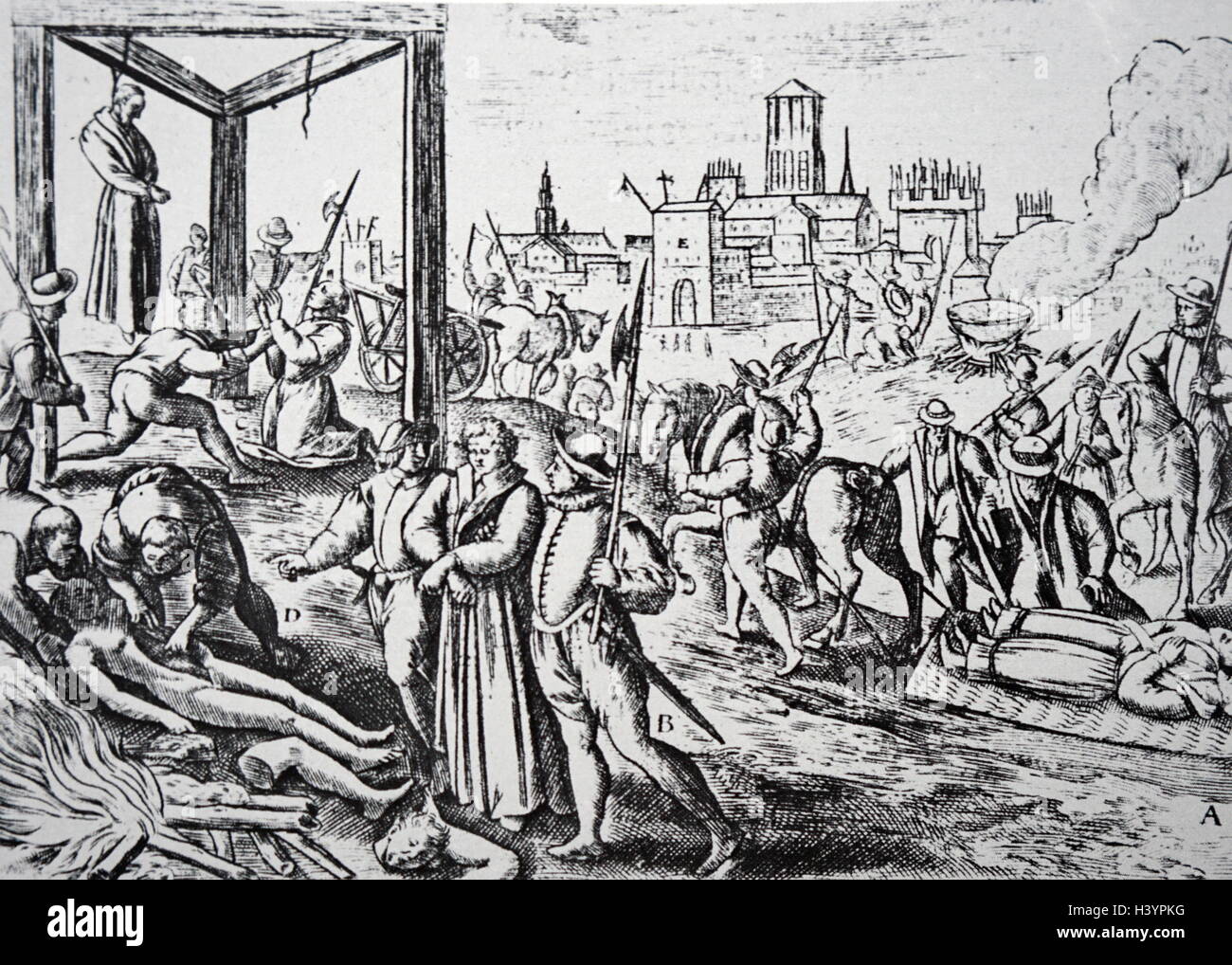 Woodcut print of the English persecution of English Catholics. Dated 16th Century Stock Photo