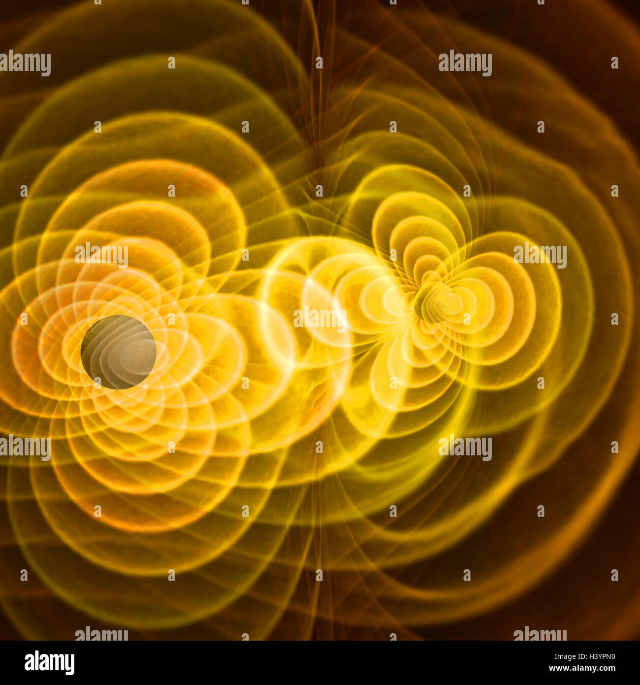simulation of the merger of two black holes and the emission of gravitational radiation or waves (coloured fields, which represent a component of the curvature of space-time). The yellow areas near the black holes do not correspond to physical structures but generally indicate where the strong non-linear gravitational-field interactions are in play. Stock Photo
