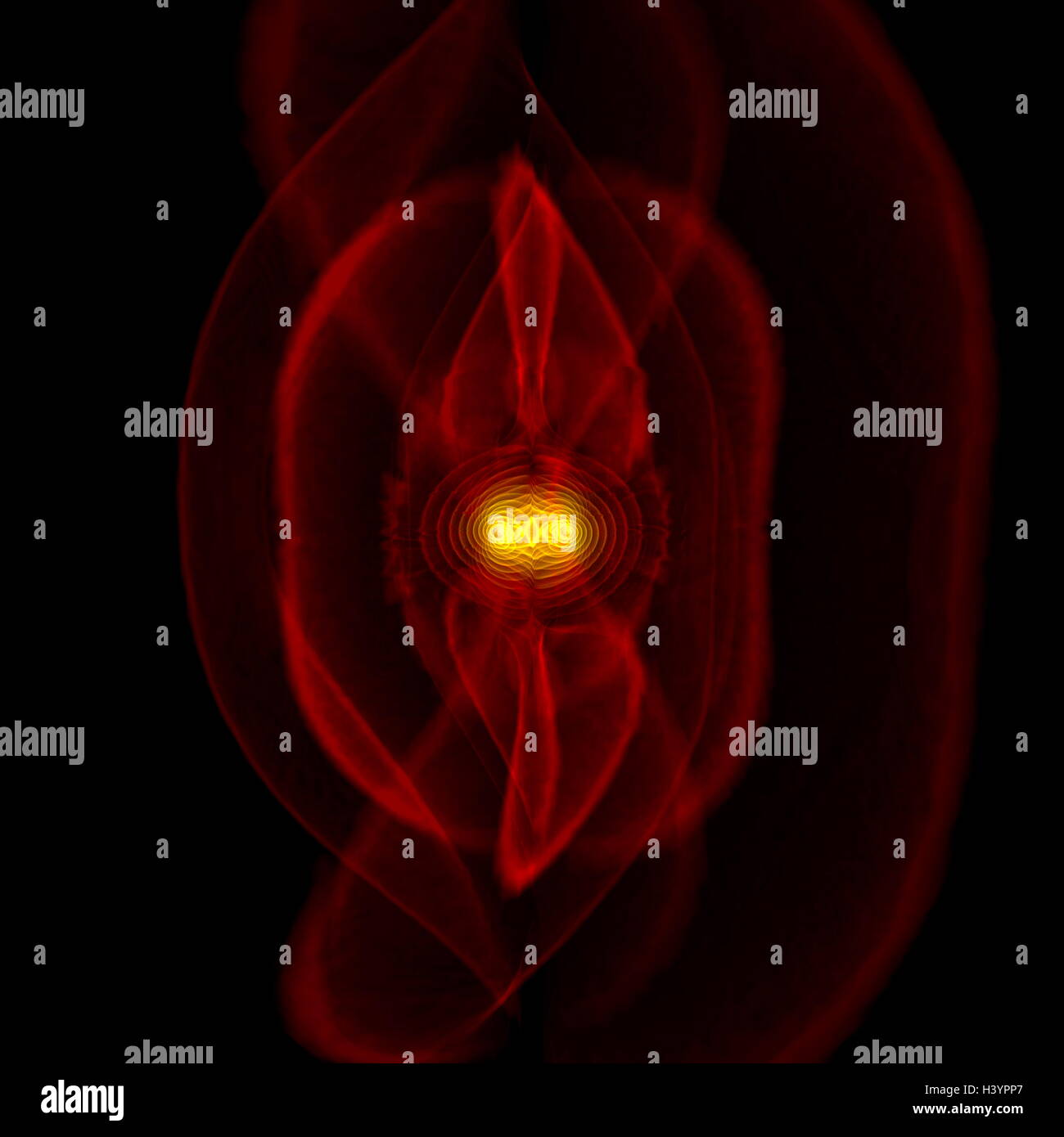 simulation of the merger of two black holes and the emission of gravitational radiation or waves (coloured fields, which represent a component of the curvature of space-time). The red areas near the black holes do not correspond to physical structures but generally indicate where the strong non-linear gravitational-field interactions are in play. Stock Photo