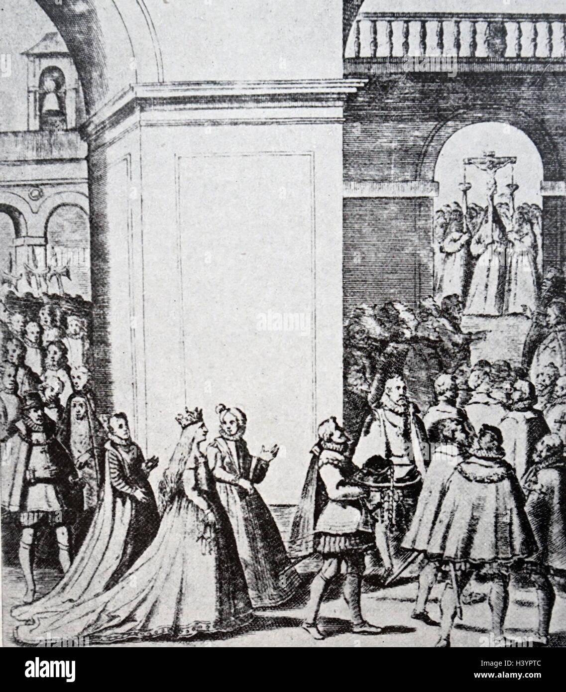 Archduchess Margaret of Austria (Sister Margarita de la Cruz) taking the habit. from the (Descalzas Reales) the 'Royal Barefoot Nuns' 1584. A member of the House of Habsburg, Margaret was born in Vienna on February 16, 1536, the daughter of Ferdinand I, Holy Roman Emperor and his wife Anne of Bohemia and Hungary. She became a nun in Hall in Tirol, where she died on March 12, 1567. Stock Photo