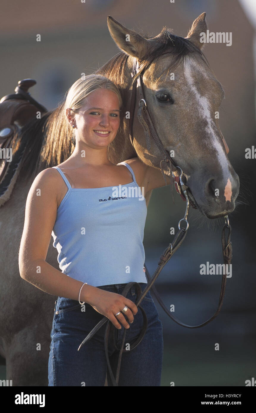 Young persons, horse, touch, half portrait, riding horse, mammal, benefit  animal, saddled, tacked up, teenager, girl, touch, animal-loving, animal-loving,  respect, trust, horse-riding, rider, horse's owner, laugh, happy, mood,  positively, summer ...