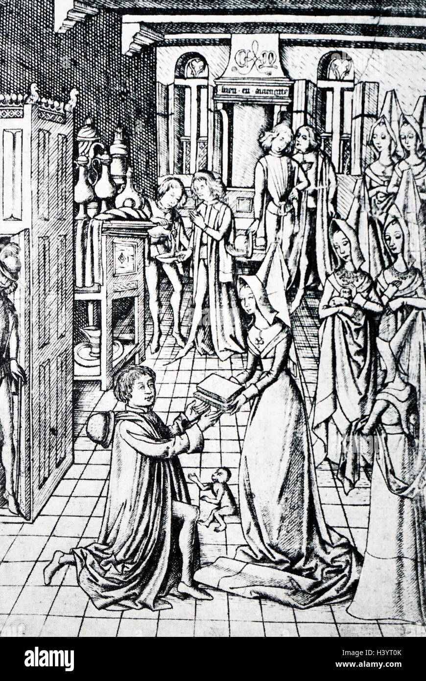 Engraving of William Caxton announcing his printing press business at Westminster Abbey. Dated 15th Century Stock Photo