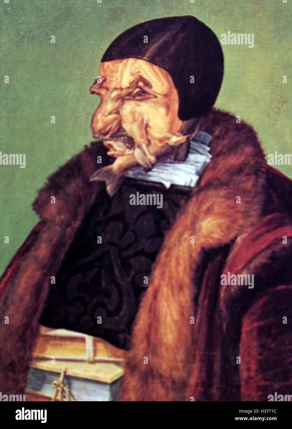 Painting titled 'The Jurist' by Giuseppe Arcimboldo (1527-1593), an Italian painter known for creating imaginative portrait heads made entirely of objects such as fruits, vegetables, flowers, fish, and books. Dated 16th Century Stock Photo