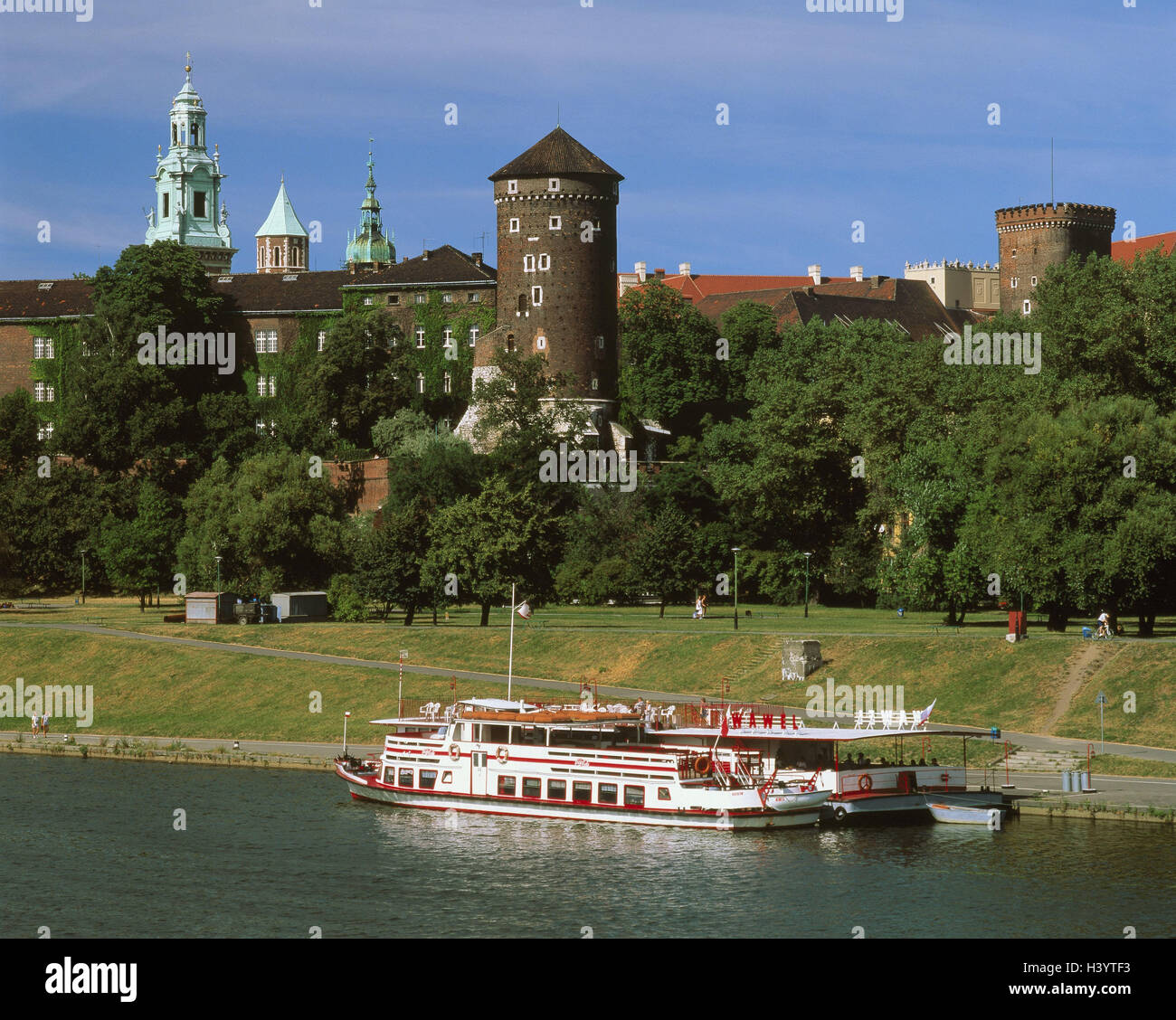 Poland, Cracow, Wawel, lock, church, morello, excursion boat, East, Europe, castle mountain, Wawel hill, royal castle, cathedral, river, Wisla, place of interest, culture, tourism, destination, summer, Stock Photo
