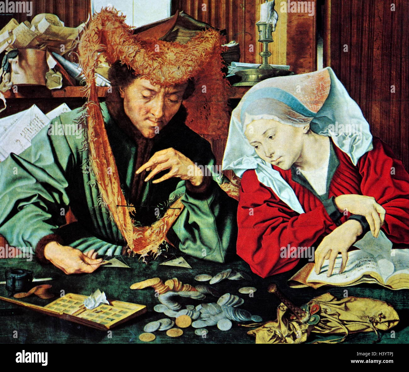 Painting titled 'The Money Changer and his Wife' by Marinus van Reymerswaele (1490-1546) a Dutch painter. Dated 16th Century Stock Photo