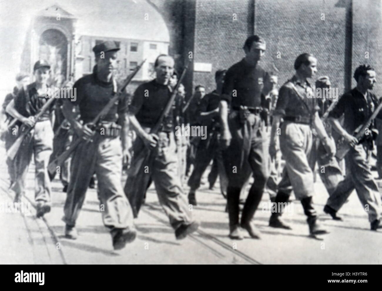 Photograph of the Black Brigade 'Aldo Resega' parading through the streets of Milan. Dated 20th Century Stock Photo