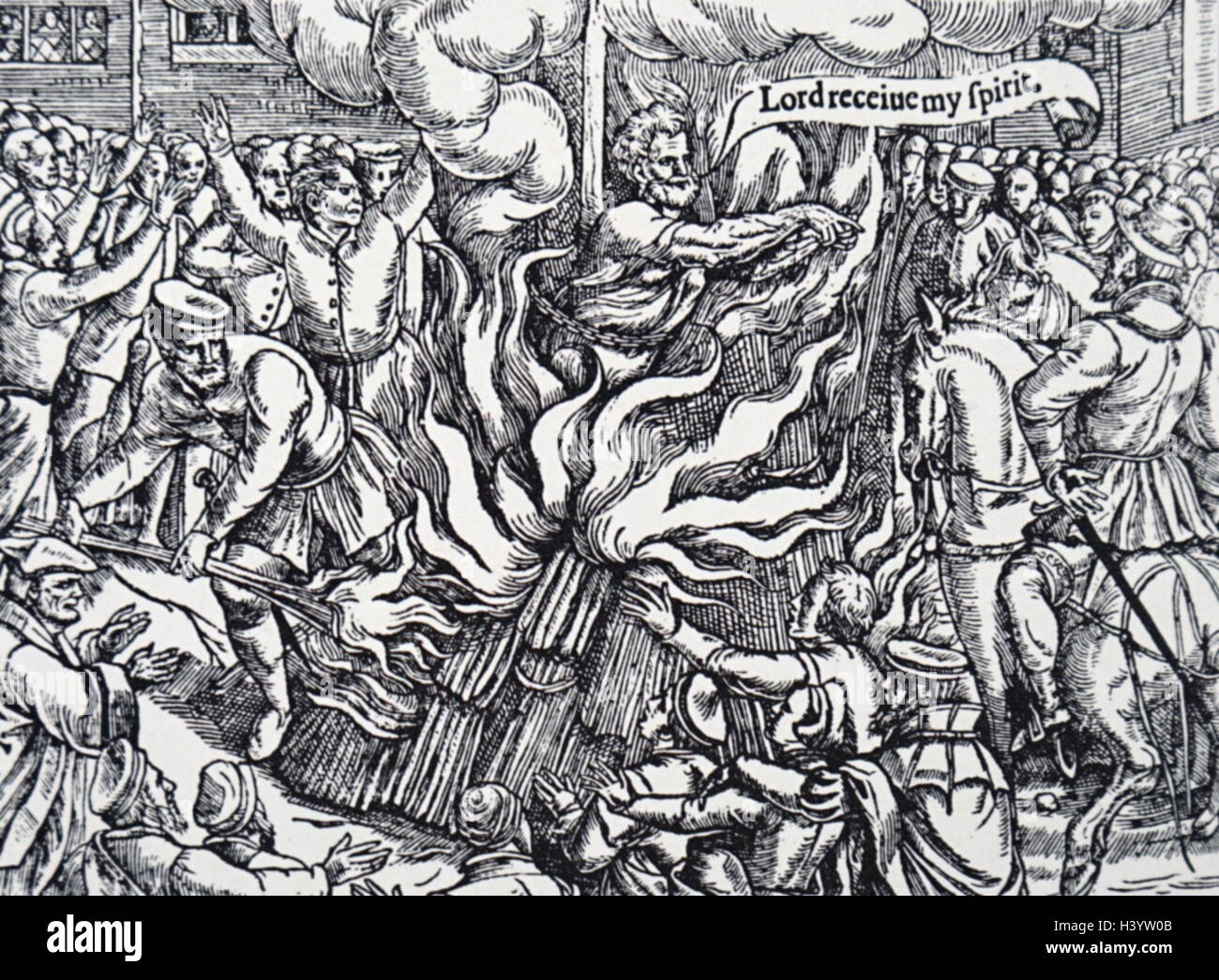 Engraving depicting the burning of John Rogers (1500-1555) a clergyman, Bible translator and commentator. Dated 16th Century Stock Photo