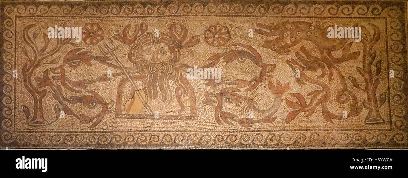 Mosaic flooring depicting the Greek and Roman God Oceanus, a divine figure in classical antiquity. Dated 2nd Century Stock Photo