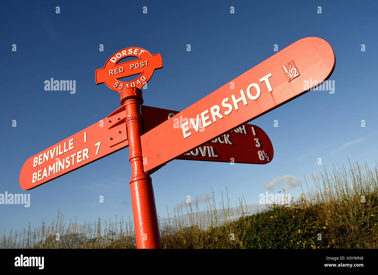 'Red Post' Red fingerpost 'finger post' sign signpost, Dorset, UK Stock Photo