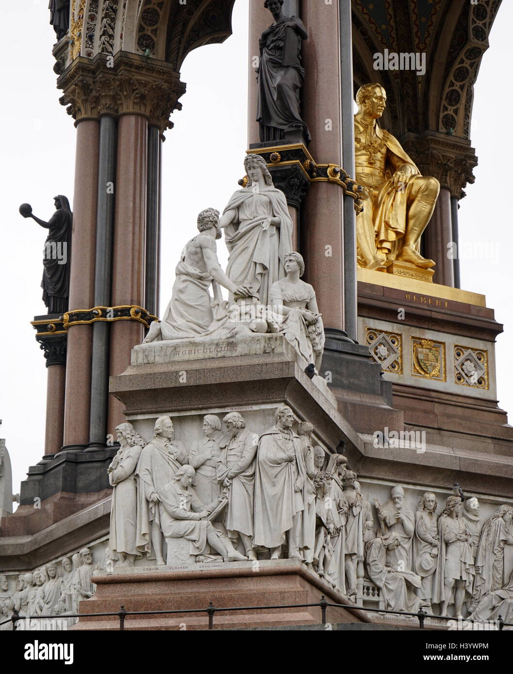 The Albert Memorial in Kensington Gardens, London. Commissioned by Queen Victoria in memory of her beloved husband, Prince Albert who died of typhoid in 1861. The memorial was designed by Sir George Gilbert Scott in the Gothic Revival style. Opened in July 1872 by Queen Victoria. Stock Photo