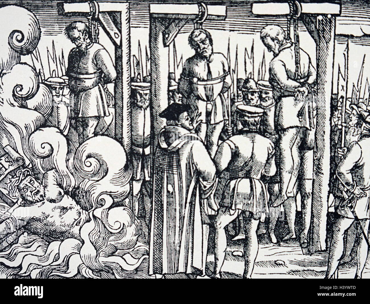Woodcut depicting public hangings and burnings at the stake of Heretics. The reformation saw the summary execution of Catholic adherents in England. Dated 16th Century Stock Photo