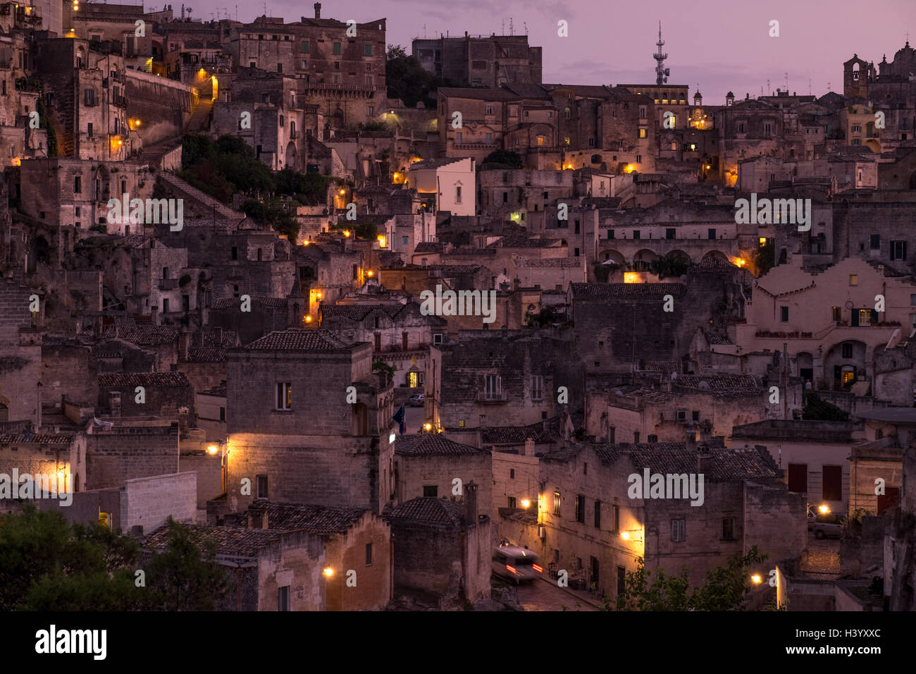 City skyline at night, matera, Italy Stock Photo