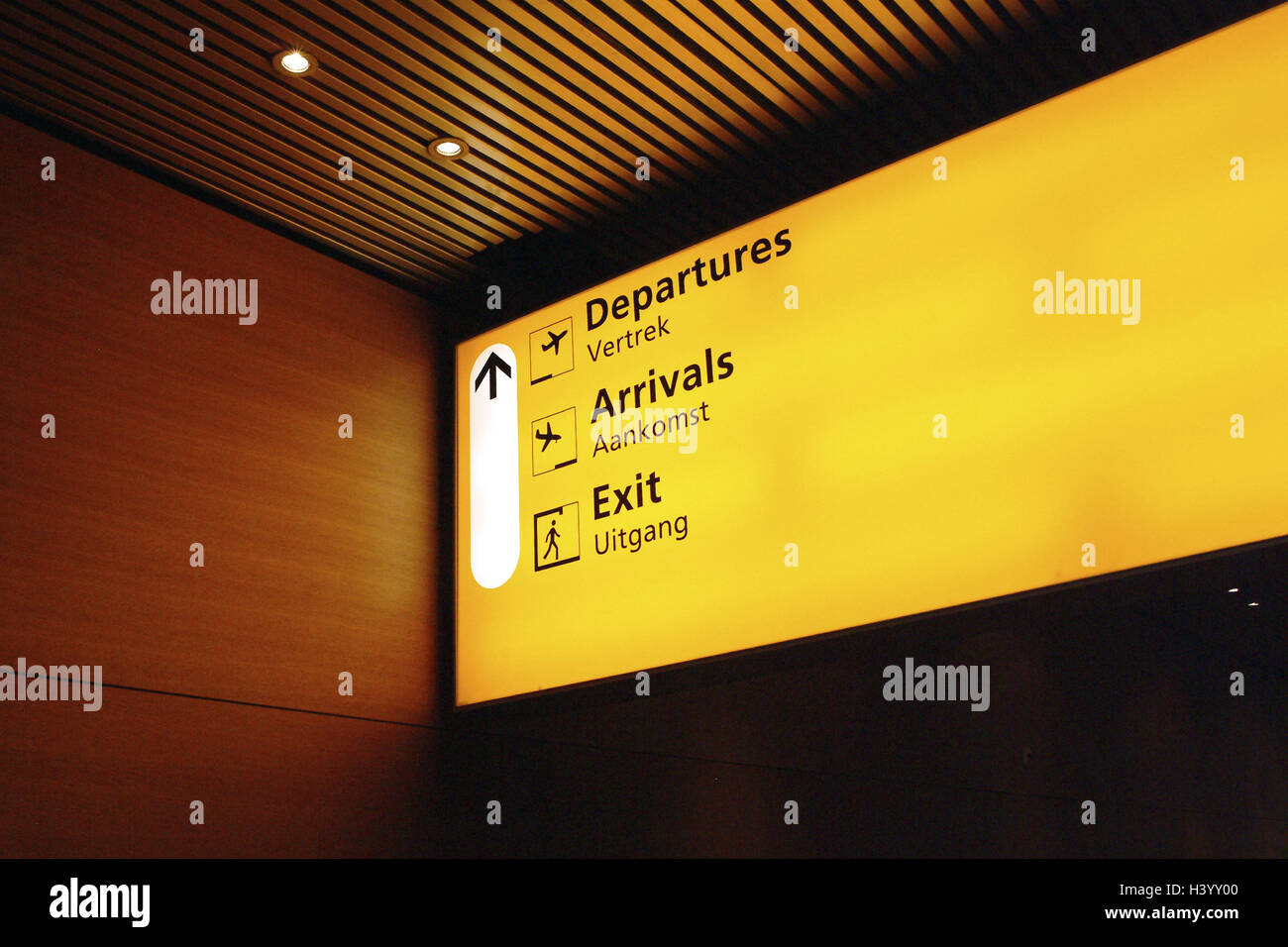 Airport, tip notice board, icons, lighting, Europe, the Netherlands, Amsterdam, Shiphol, signpost, sign, arrival, takeoff, exit, Departure, Arrivals, Exit, arrow, Still life, product photography Stock Photo