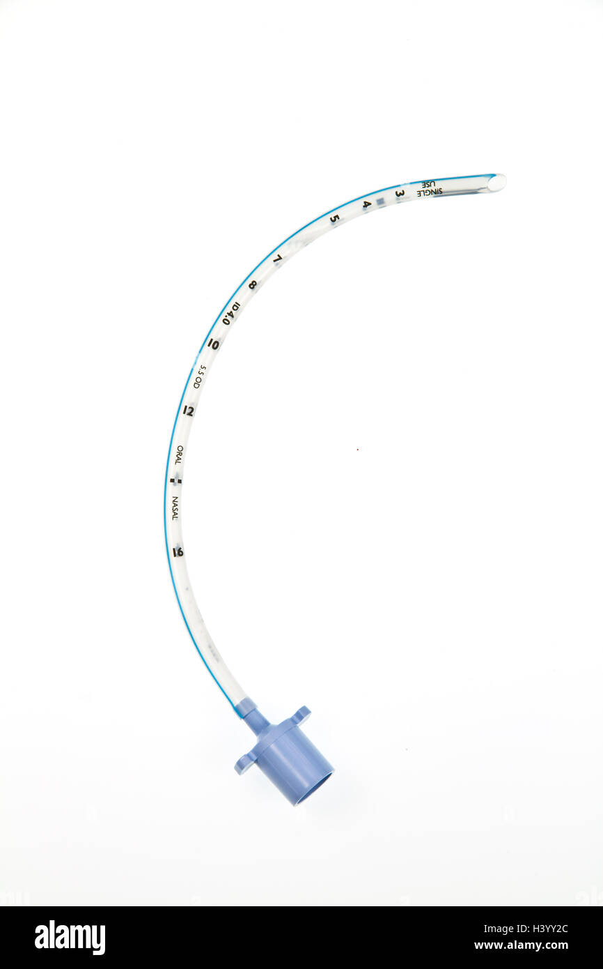 Small uncuffed endotracheal tube which is passed through the larynx into the windpipe, using a laryngoscope Stock Photo