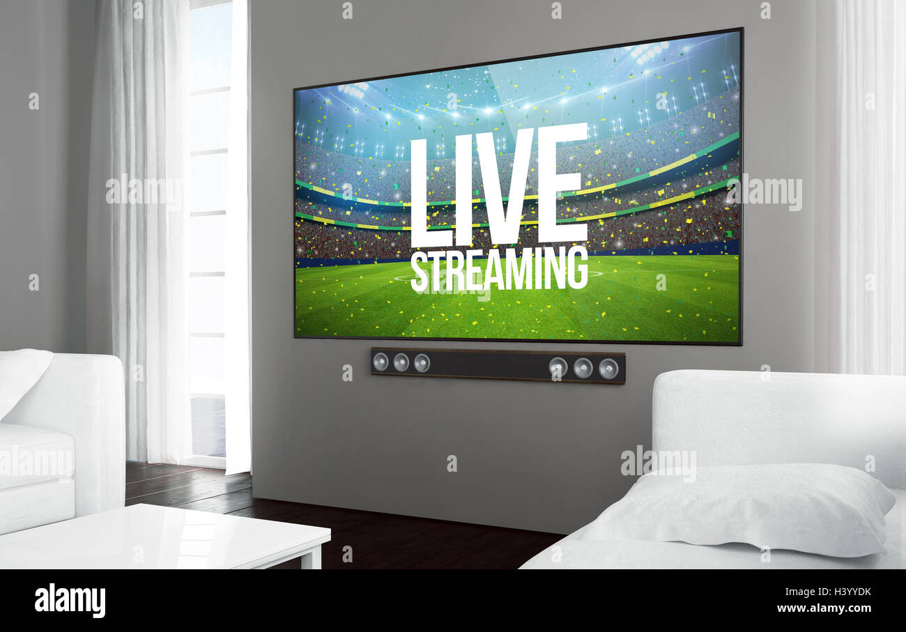 Big screen smart tv at living room with sports event live streaming app on screen