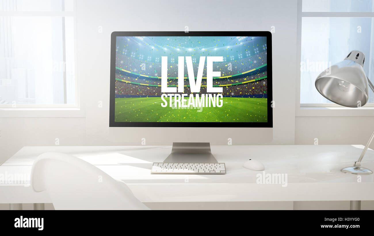 workspace background with desktop computer showing live streaming. 3d ...