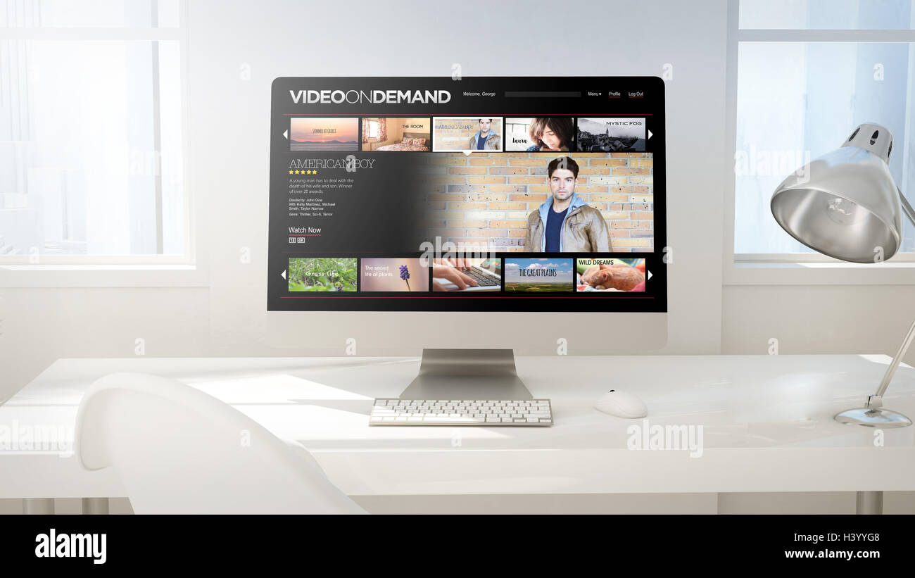 Computer/video Backdrop workspace background with desktop computer showing video on demand. 3d ...
