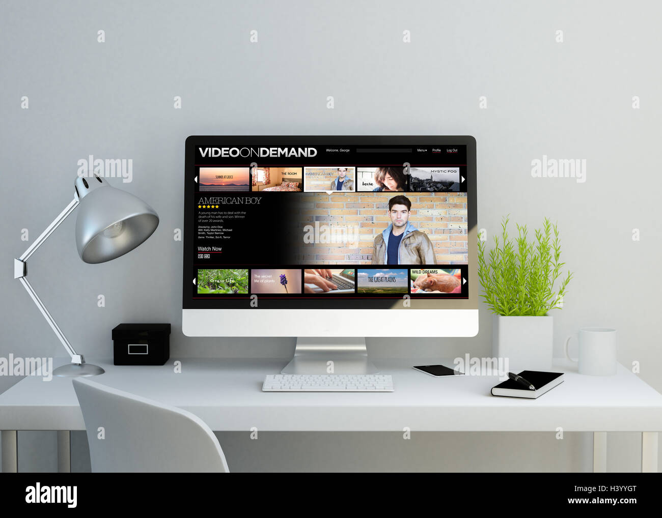 modern clean workspace mockup with video on demand website on screen