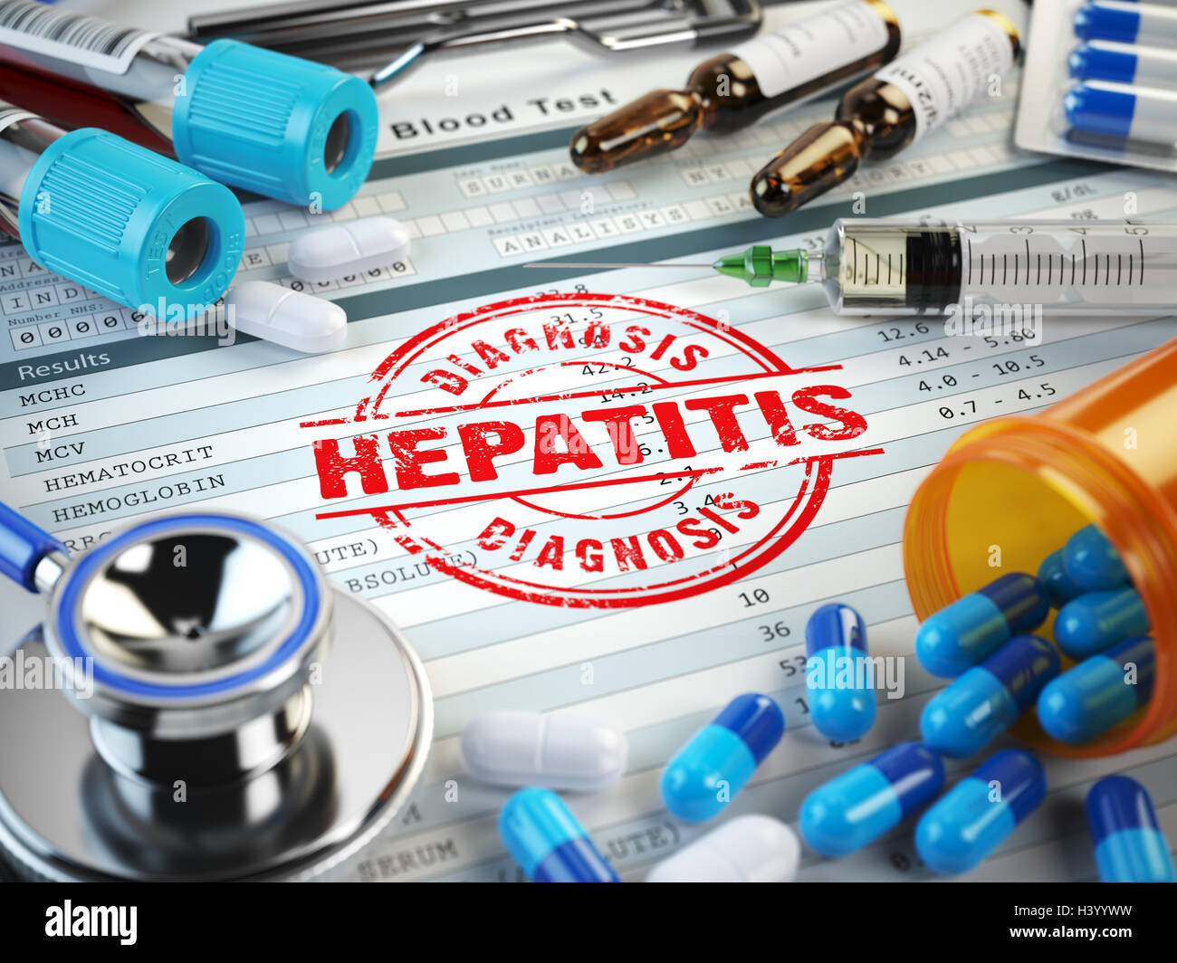 Hepatitis disease diagnosis. Stamp, stethoscope, syringe, blood test and pills on the clipboard with medical report. Stock Photo