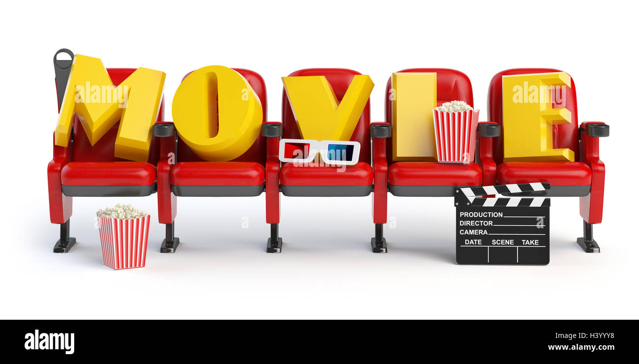 Cinema, movie video concept. Row of seats with popcorm, glasses and clapper board isolated on white. 3d illustration Stock Photo