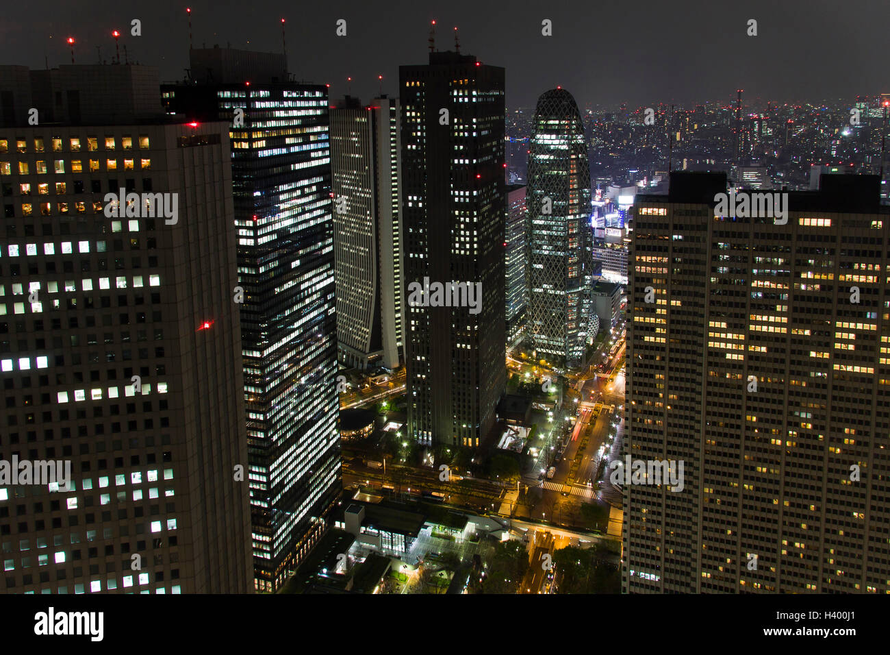 Bird's eye view from observatories on the 45th floor of Tokyo Metropolitan Government Building at night. Stock Photo