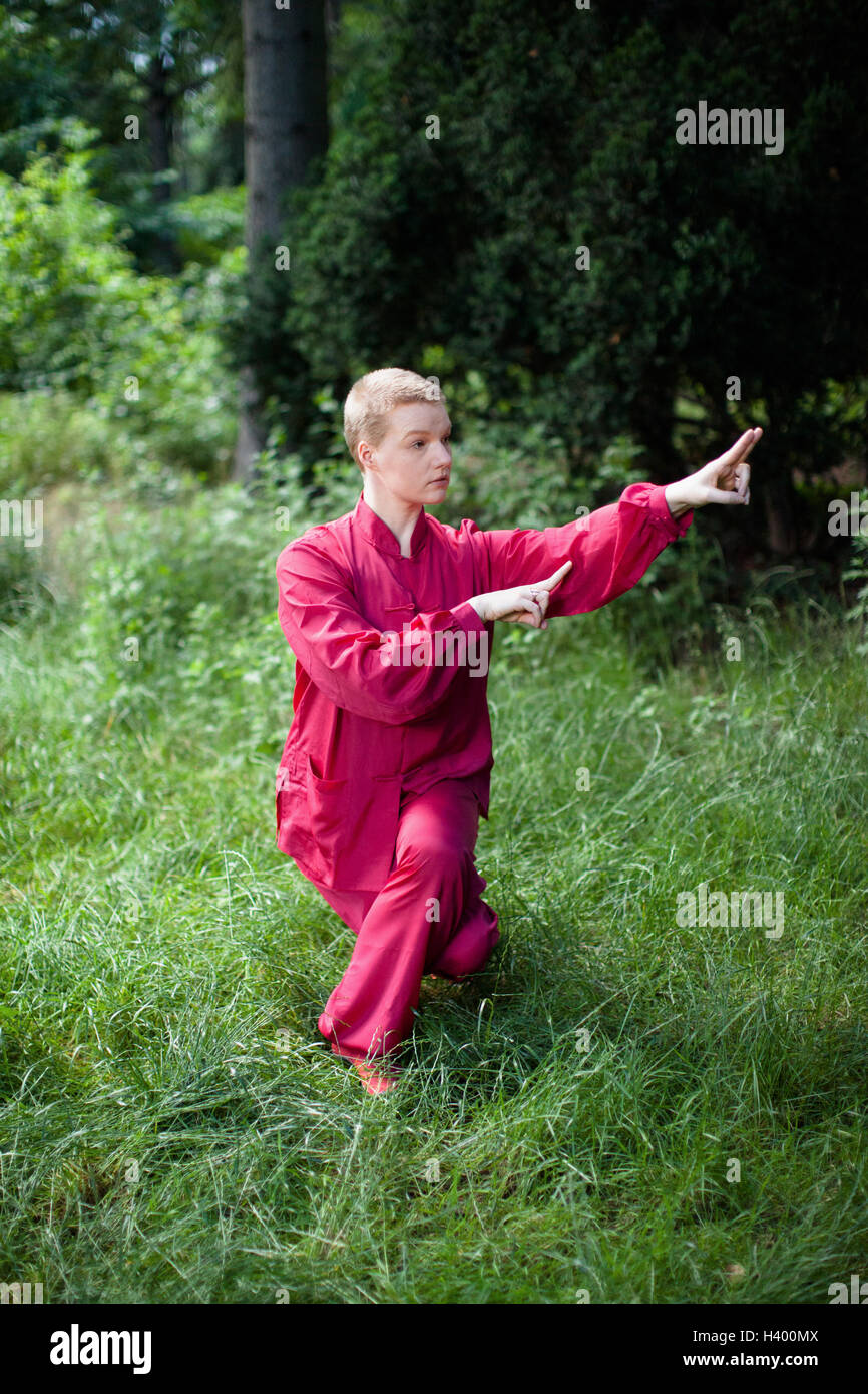 Woman practicing Tai Chi on grassy field Stock Photo