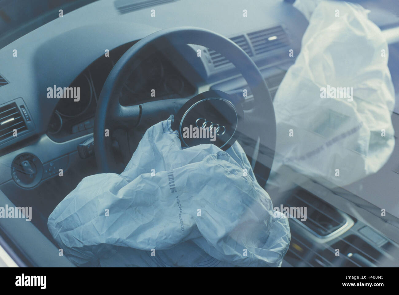 Accident, traffic, car, cockpit, detail, air bags, opened, cars damaged in an accident, car