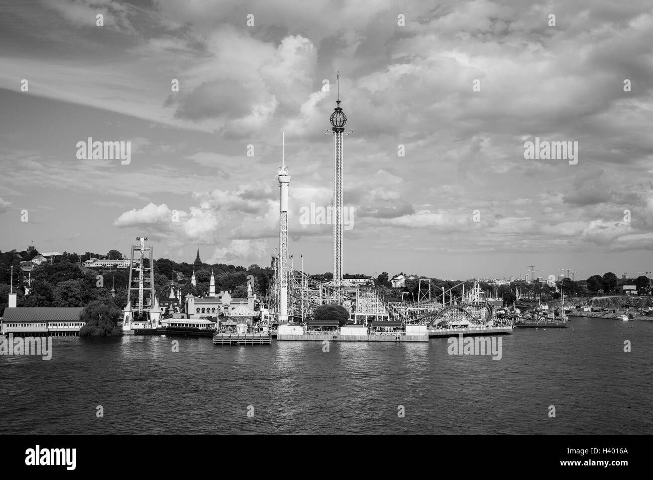 Grona Lund amusement park by sea against sky, Stockholm, Sweden Stock Photo