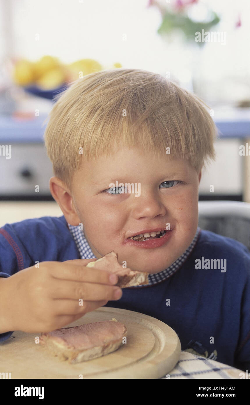 Boy, small, eat, liver sausage bread, portrait, child, sausagemeat