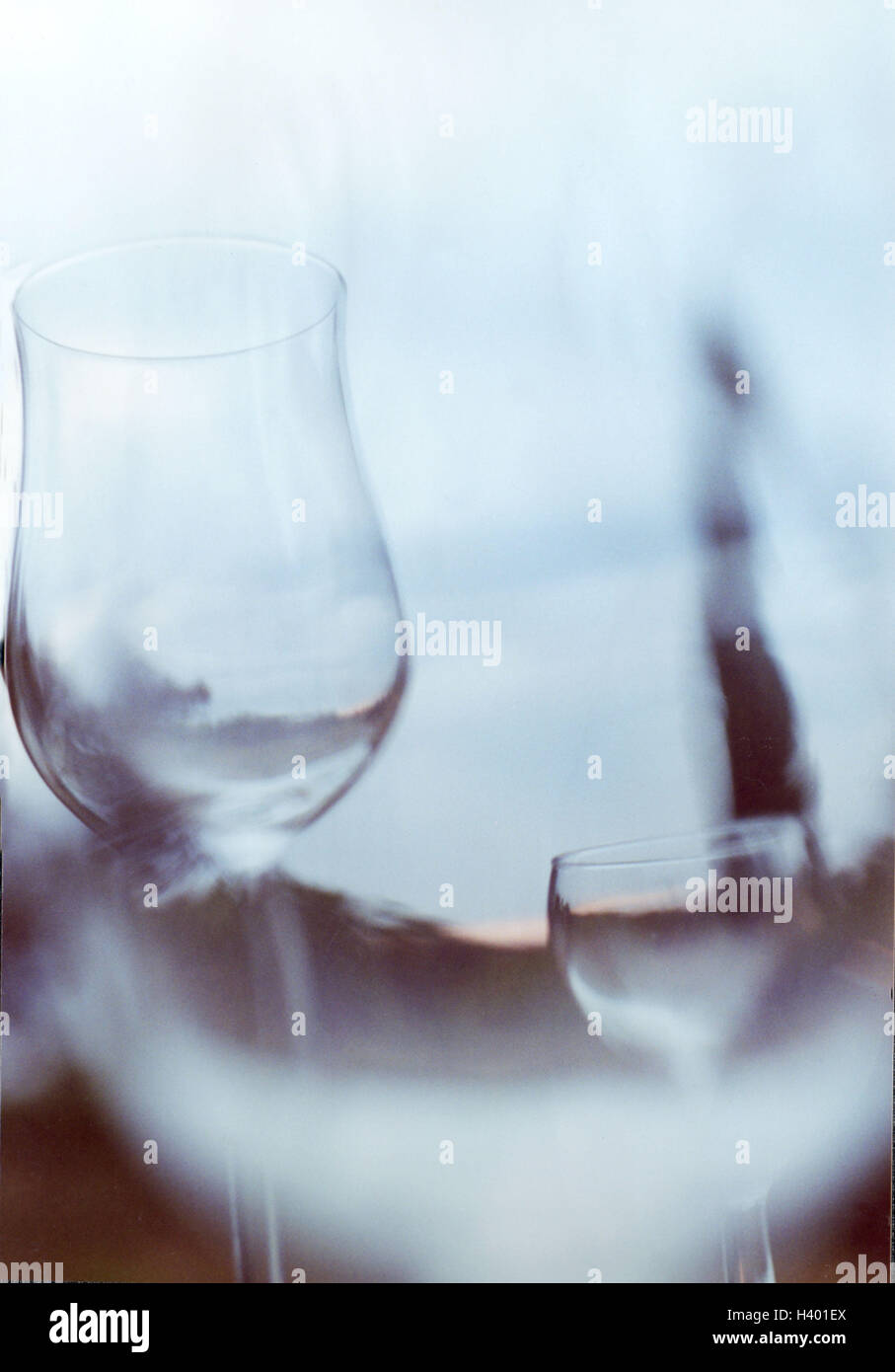 Garden, wine glasses, empty, fuzziness   Picnic, glasses, glass, three, drinking, way of life, Lifestyle, quietly life, outside, heavens, twilight, twilight, color mood light-blue Stock Photo