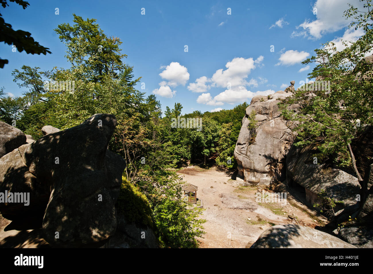 Dovbush rocks, group of natural and man-made structures carved out of rock at western Ukraine Stock Photo