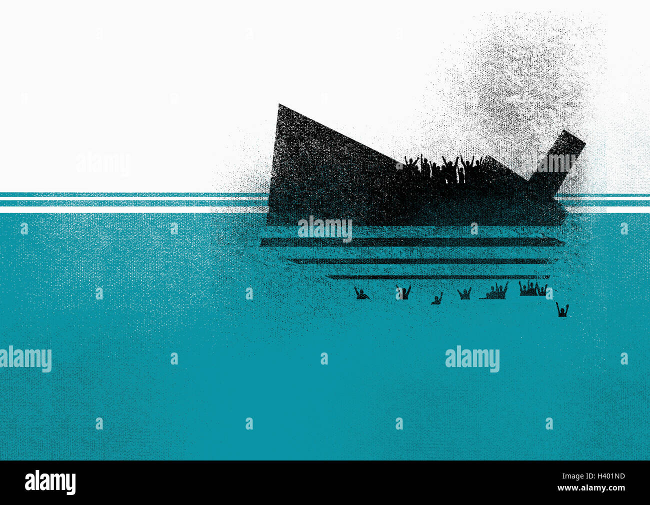 Illustration of sinking ship and people in sea Stock Photo