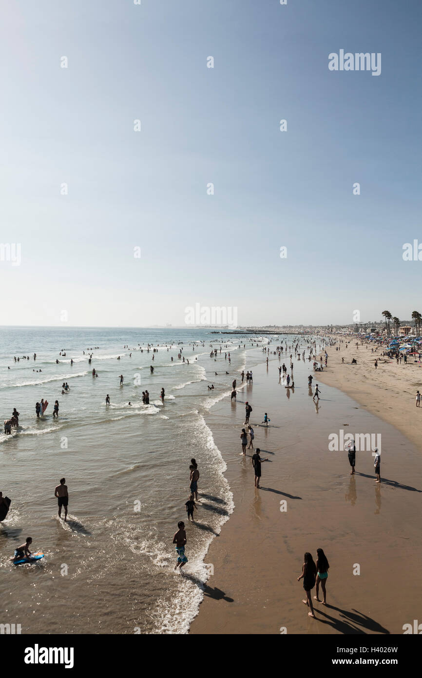 High angle view of people on beach against clear sky, Newport Beach, California, USA Stock Photo