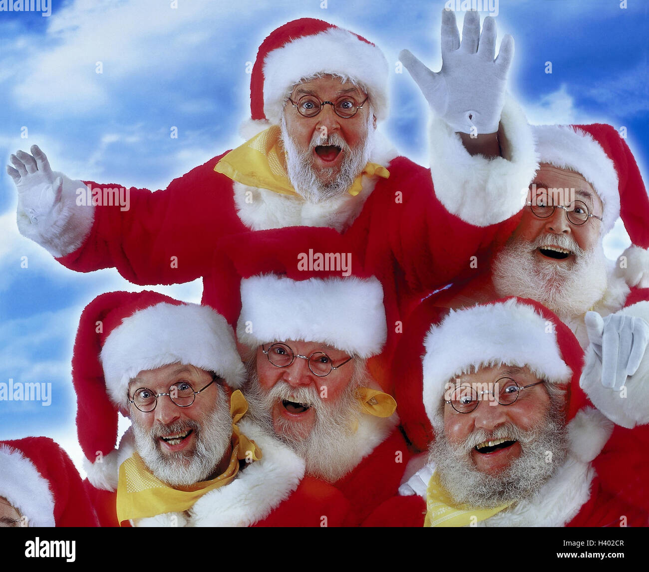 Santas, gesture, joy, enthusiasm Composing, studio, cloudy sky, Christmas, Santa Claus, Santa, Christmas, surprise, cheering, happy, laugh, rejoice, near Stock Photo
