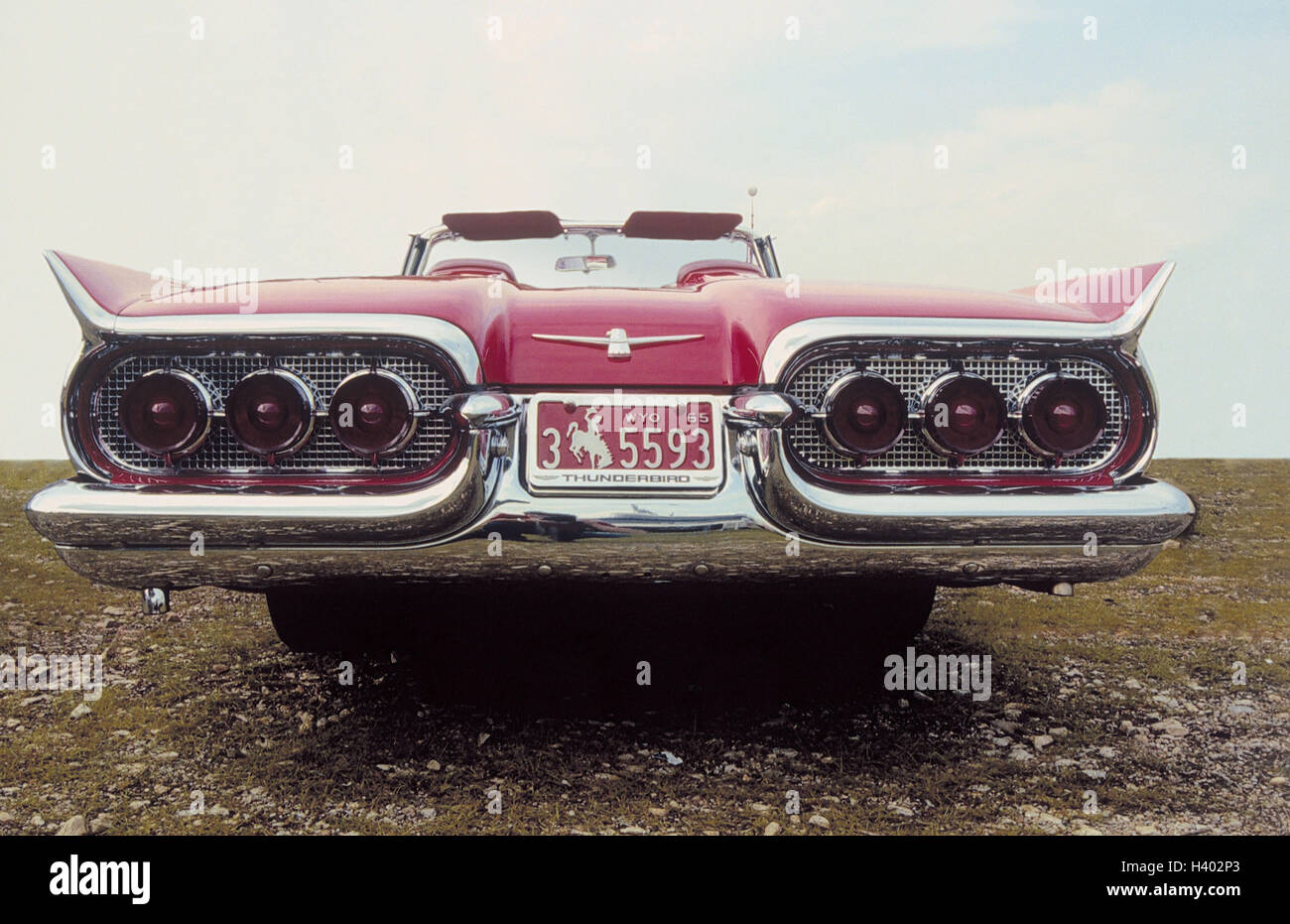 Old-timer, Ford Thunderbird, year manufacture in 1960, rear view only editorially car, passenger car, vehicle, red, old, nostalgically, nostalgia, cultivated, collector's item, collector's object, collector's item, luxury, valuably, status symbol, wealth, Stock Photo