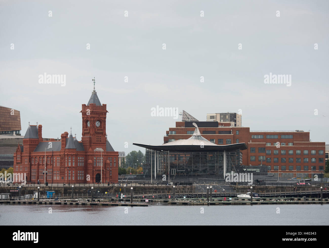 The Senedd, national assembly for Wales and Pierhead building at Cardiff Bay, South Wales. Stock Photo