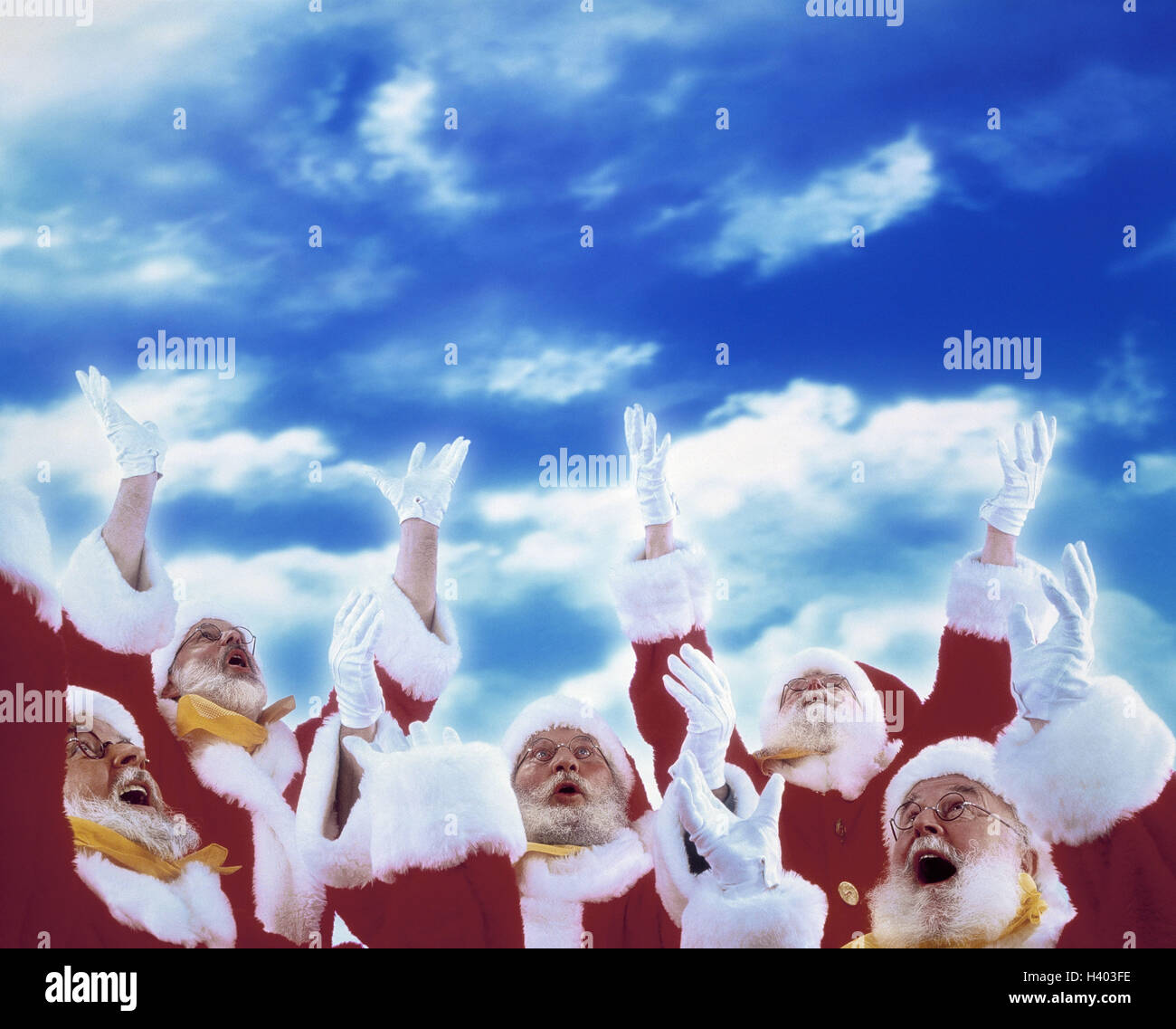 Santas, view heaven, gesture, rejoice, praise Composing, cloudy sky, studio, Christmas, Christmas, Santa Claus, Santa, men, surprised, pleased, joy, cheering, enthusiasm, adore, praise, raise the eyes Stock Photo