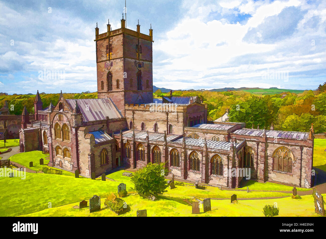 St Davids Cathedral in St Davids City Pembrokeshire west Wales illustration Stock Photo